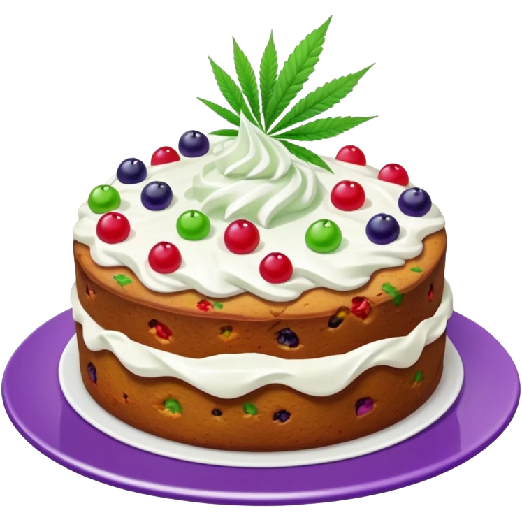 colorful frosted fruit cake with cannabis leaf on a plate emoji