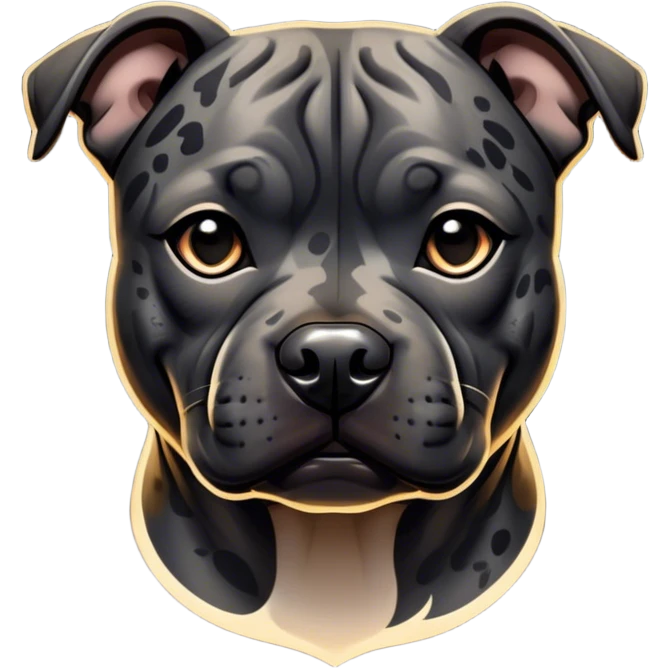 Cinematic Noble Black/Brindle Staffordshire Bull Terrier Portrait Emoji, Poised and regal, with a compact, muscular build and a sleek, well-groomed Fur featuring a striking mix of black and brindle patterns, deep-set soulful dark eyes, Simplified yet sharp and sophisticated features, highly detailed, glowing with a soft, dignified glow, high shine, intelligent and loyal, stylized with an air of strength, focused and attentive, soft glowing outline, capturing the essence of a watchful and confident guardian, so majestic it feels as though it could stride out of the screen with effortless authority! emoji