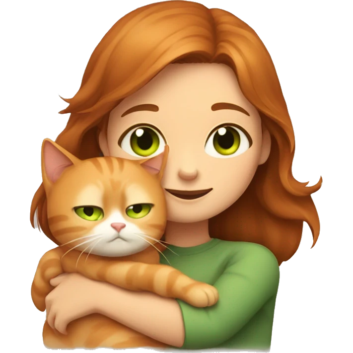 brown-haired girl with green eyes hugs a ginger cat emoji