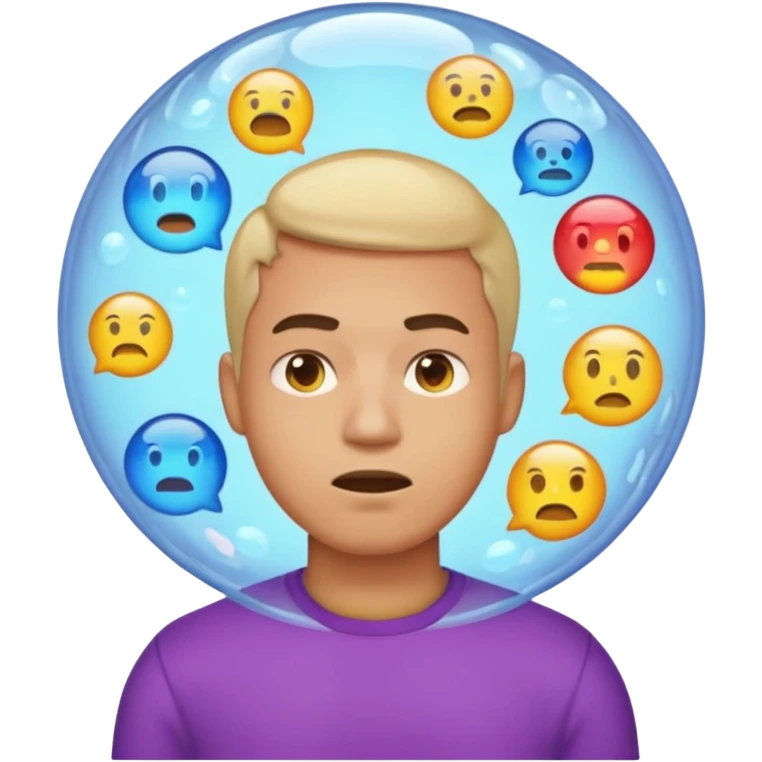 Realistic emoji-style man trapped inside a glowing filter bubble. The bubble contains identical social media icons and repeating content symbols. Outside the bubble are colorful diverse icons he cannot see. The man looks comfortable but unaware, expressing narrow perspective. emoji