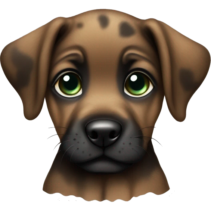 Brown brindle Puppy black muzzle black face brindled blue green eyes puppy sitting, side view emoji