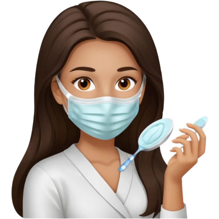 brunette girl with beautiful brown eyes and long hair, doing skincare, face mask emoji