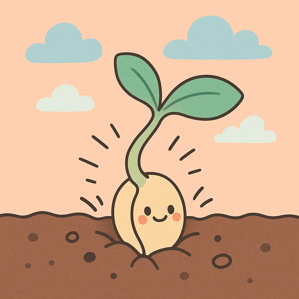 the concept of life, depicted as a sprouting seed breaking through soil, soft pastel style emoji