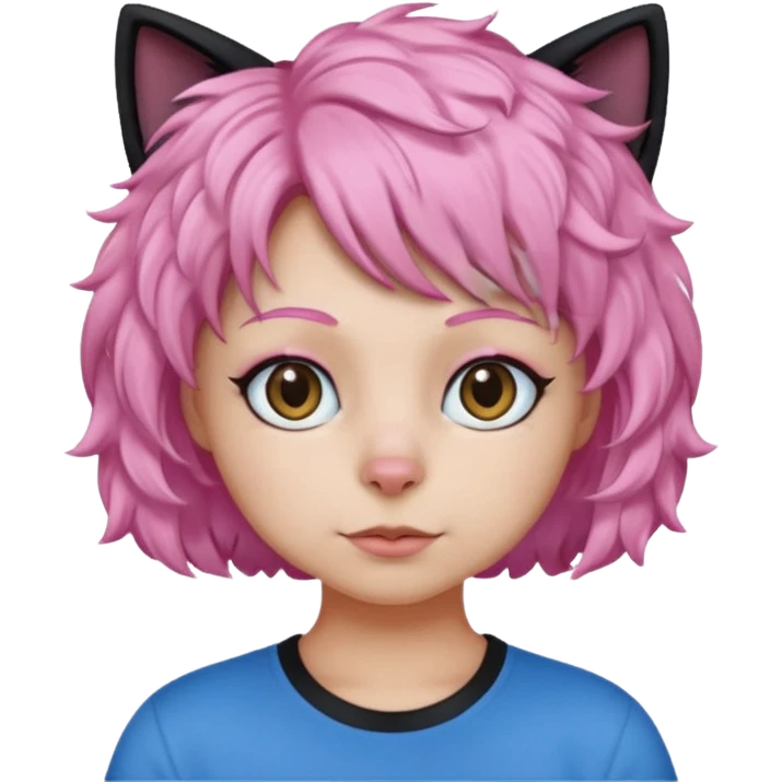 a Black cat wearing a short curly pink hair wig, blue T-shirt emoji
