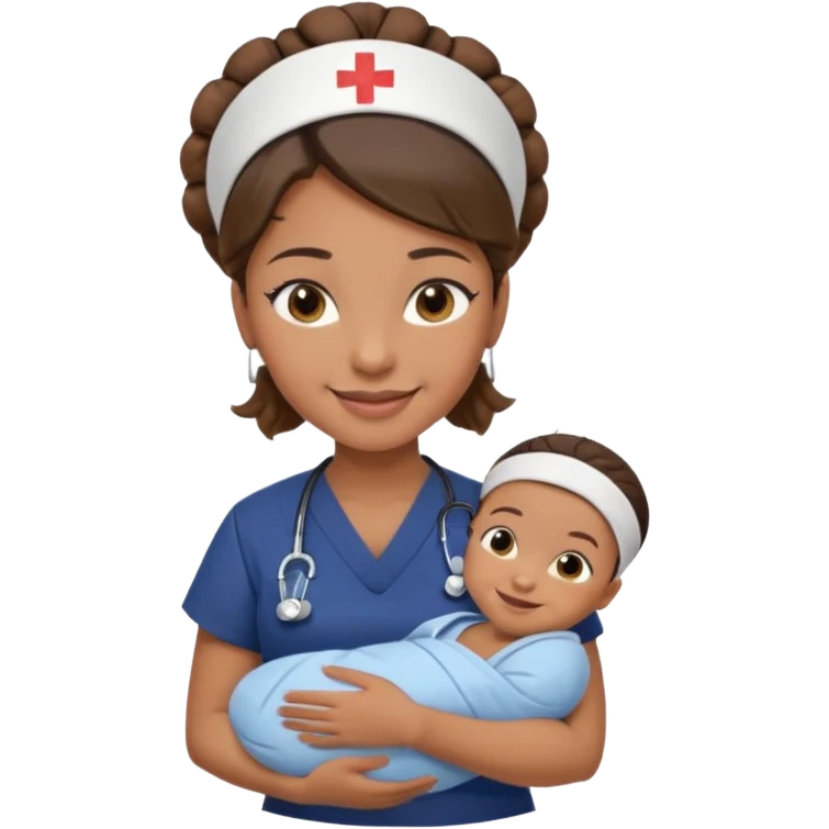 Female nurse smiling wearing no hat with her hair tied up in a roll on the top front of head with medium brown skin and brown eyes holding one new born with navy blue short sleeves emoji