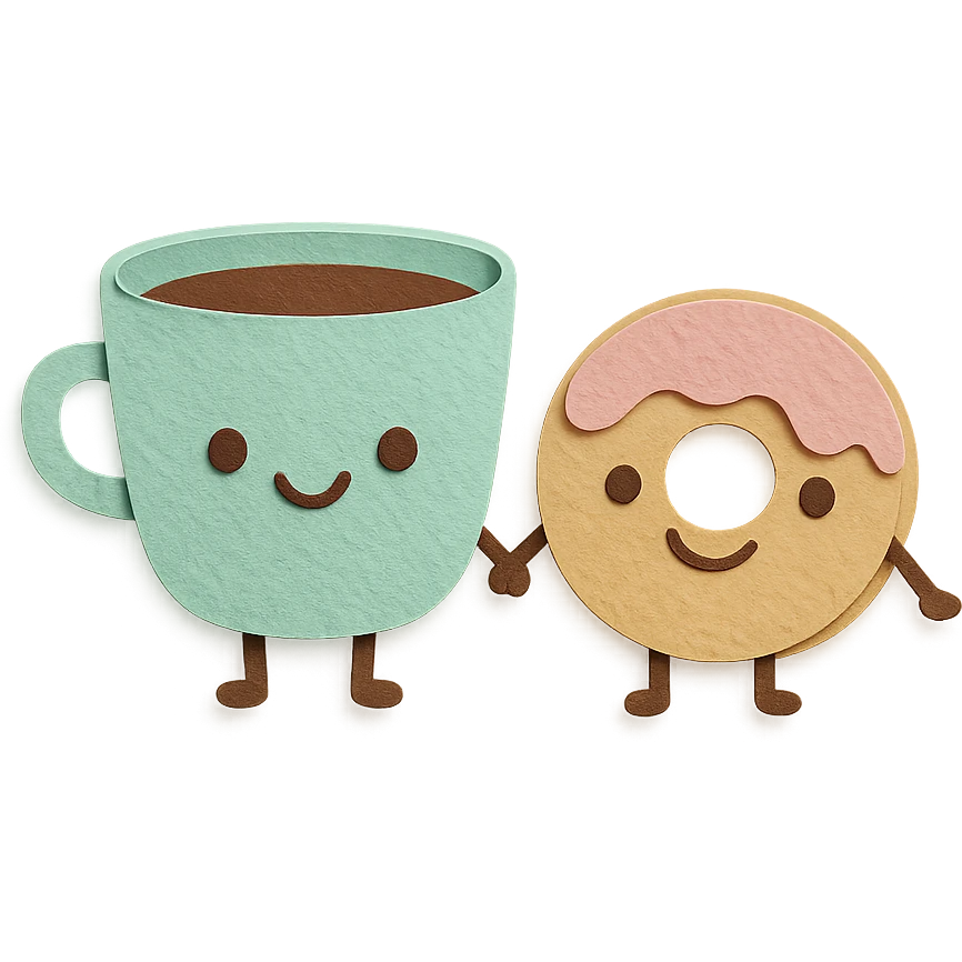 cute coffee cup and donut holding hands, smiling faces, soft pastel kawaii style, transparent background emoji