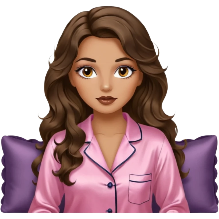 Woman with brunette hair light tanned skin reading on sofa. Long wavy hair. Beige ivory colours. Silk pyjamas. Realistic. Foxeye with lashes. Glamorous makeup emoji