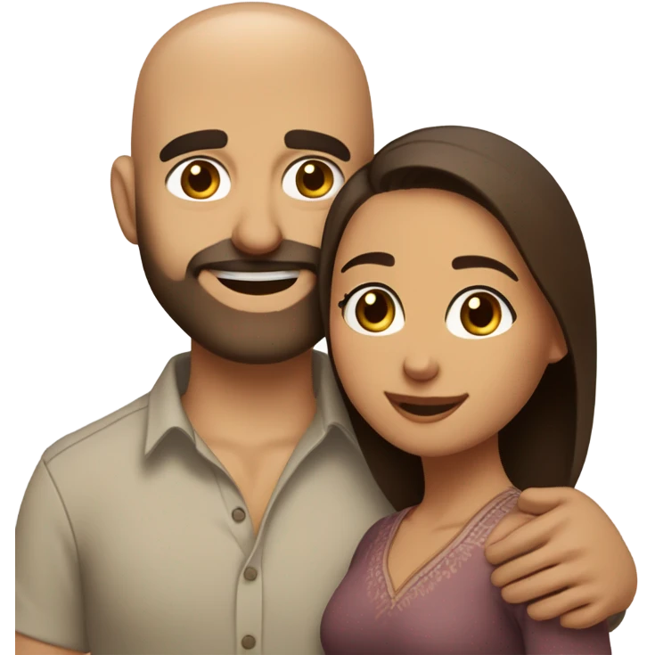 Brown-haired Puerto Rican woman with dark brown eyes wearing a cute blouse giving comforting hug to short, bald man with brown eyes, laugh lines, and a beard emoji