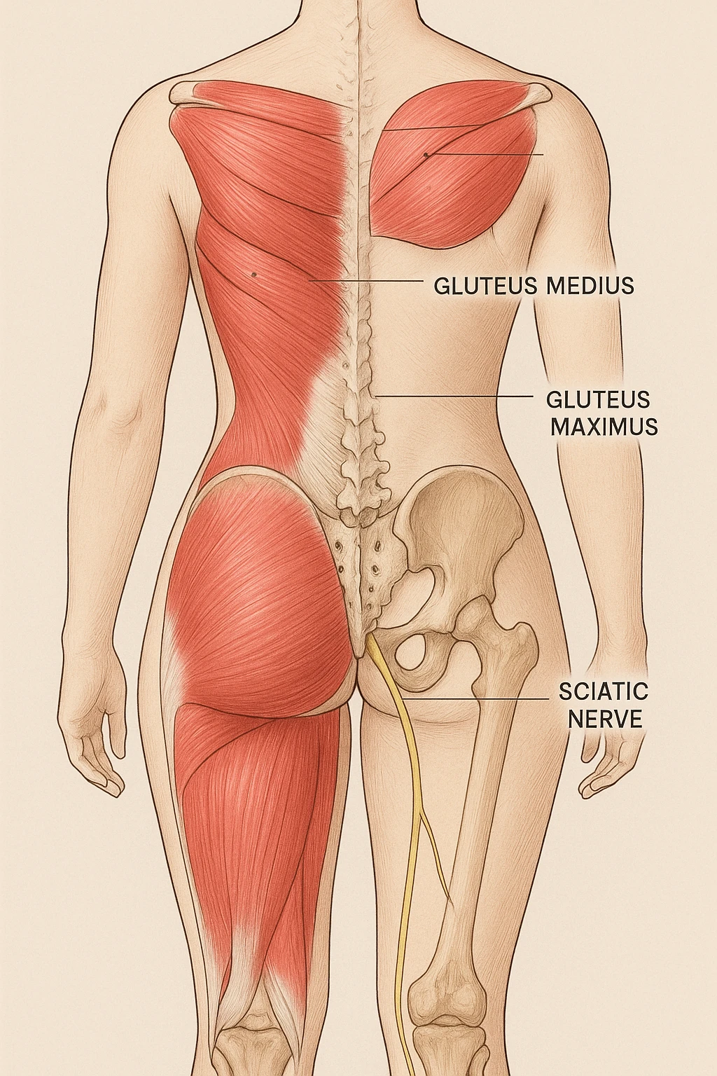 Anatomical view of the female gluteus with highlighted muscles, pelvic bones, and sciatic nerve, inspired by the reference photo. Medical style with a neutral background. emoji