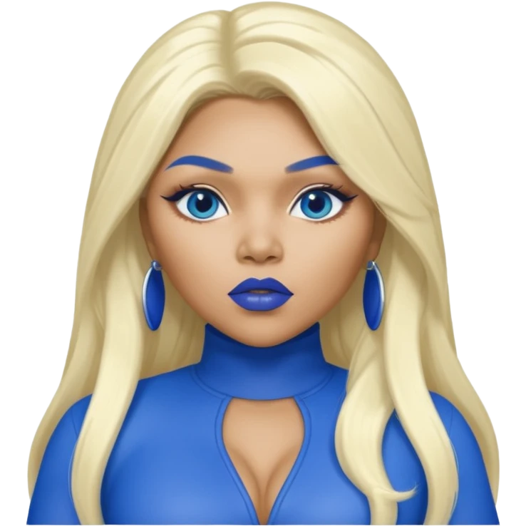 Lil Kim with long platinum blonde hair, blue lip and outfit emoji