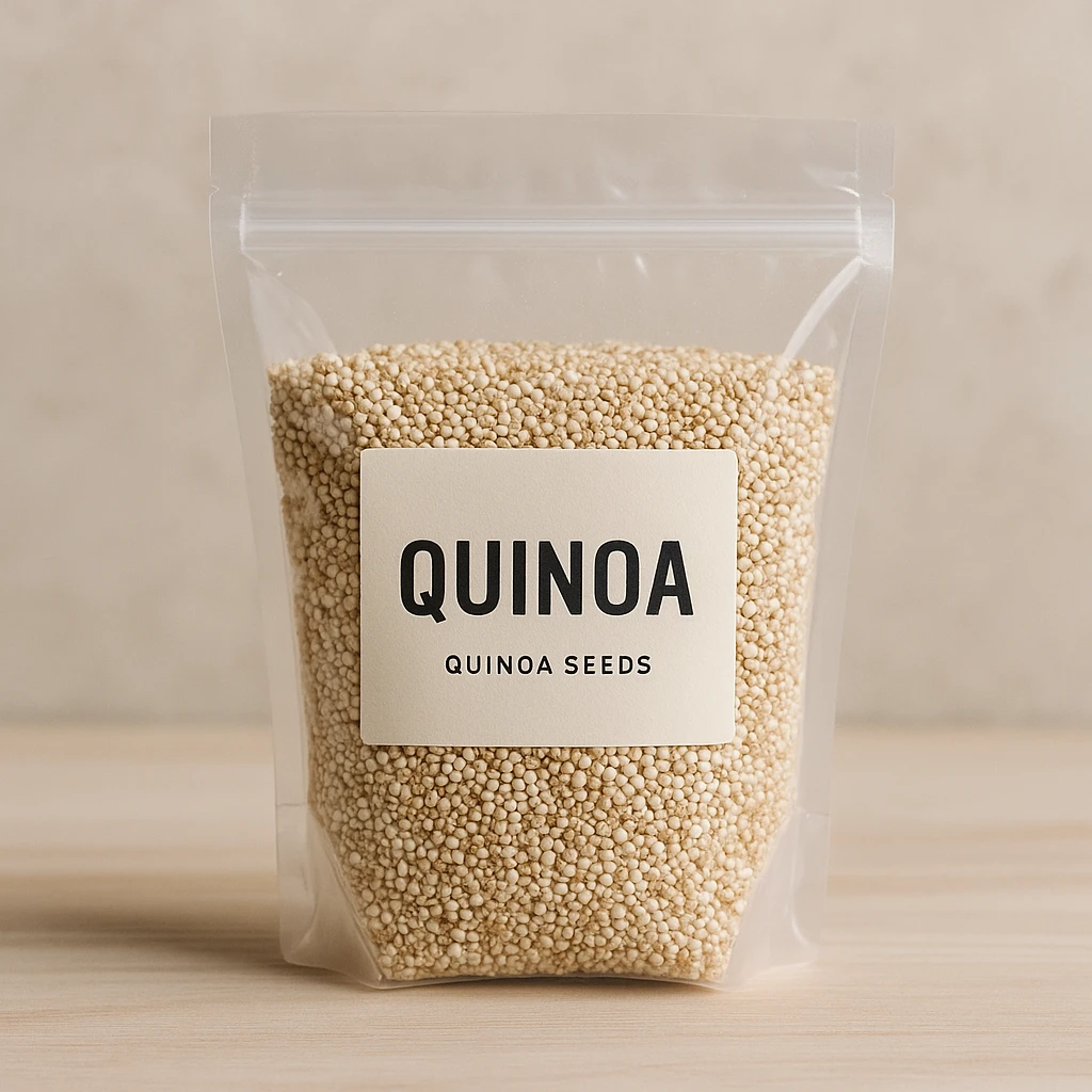 realistic photo of a transparent bag with quinoa seeds and visible label emoji