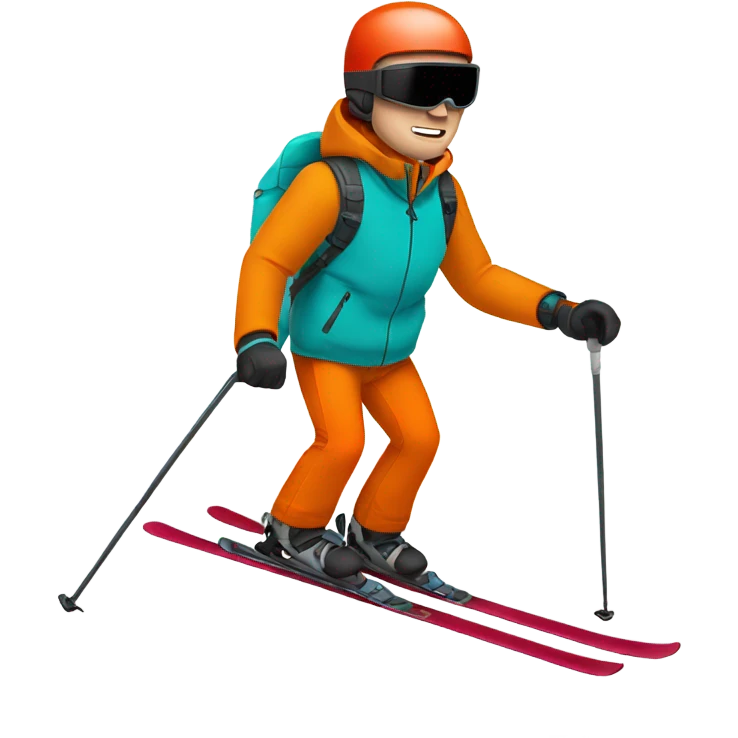 white man skiing wearing an ORANGE JACKET and a RED HELMET and wearing TURQUOISE PANTS emoji