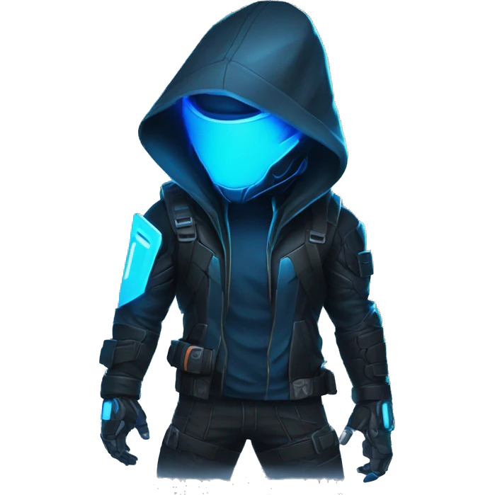 developer behind his laptop with this style : crysis Cyberpunk Valorant neon glowing bright blue character blue black hooded assassin themed character emoji