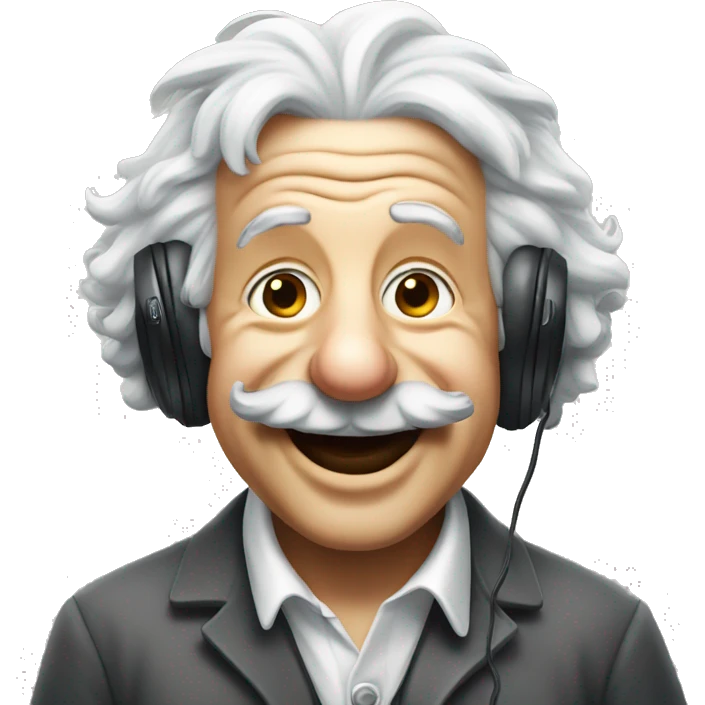 happy albert einstein holding headphones in one hand emoji