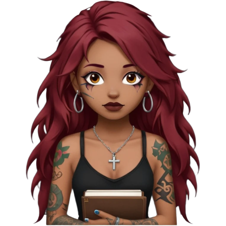 generate an ios genmoji of a dusky girl with long dark red messy hair with eyeliner on her eyes. septum piercing, wearing a cami black top, has tattoos, on shoulders. ear piercings. wearing a cross silver necklace. carrying a lot of sketchbooks emoji