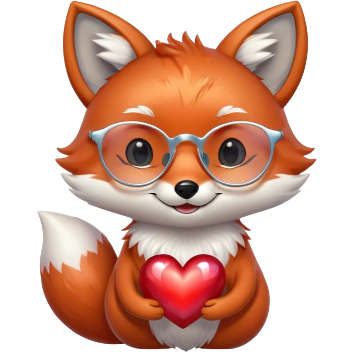 A dreamy fox with iridescent fur, a glowing tail, a silver star on its forehead, and round glasses, hugging a big red heart and smiling warmly emoji