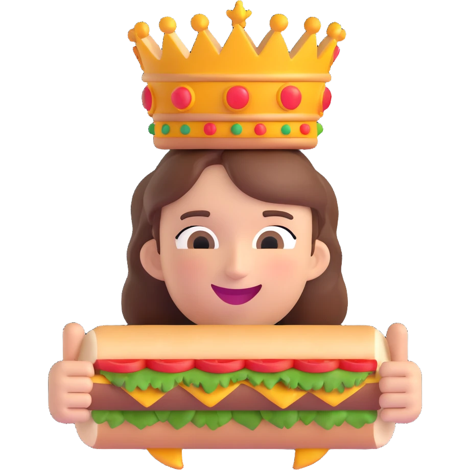 playful half-body person with a crown, happily eating a large döner kebab, simple vibrant cheerful emoji style emoji