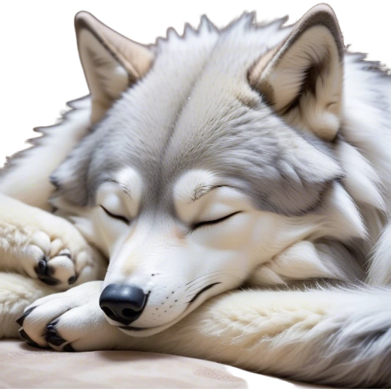 Meme-Worthy Cute Sleeping Wolf Portrait Emoji, Head resting peacefully with a contented smile, showcasing a robust build and a luxuriously soft grey and white Fur, eyes shut in a serene, restful nap, Simplified yet hilariously adorable features, highly detailed, glowing with a soft, drowsy light, high shine, relaxed and utterly lovable, stylized with an air of playful laziness, bright and heartwarming, soft glowing outline, capturing the essence of a comically sleepy wolf, so meme-worthy it feels like it could instantly become the next viral sensation of adorable slumber! emoji