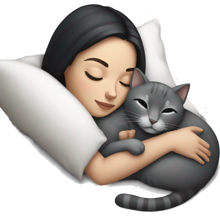 White Girl dark hair sleeping with grey cat emoji