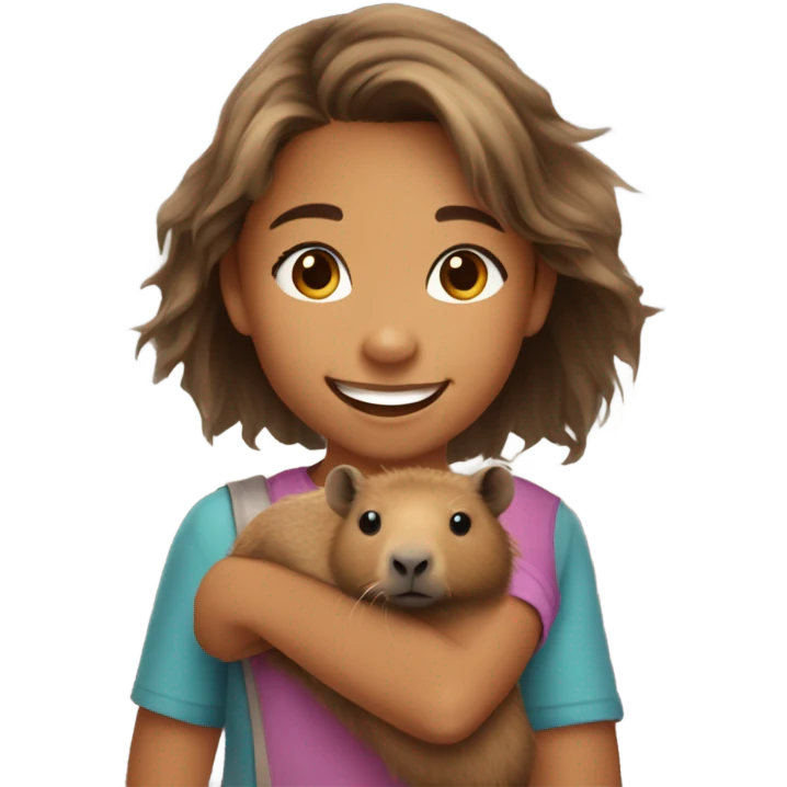 happy 10-year-old girl with kind of messy hair, smiling holding capybara emoji
