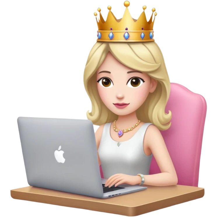 woman with crown on her head sat at the desk with MacBook and pink chair  emoji
