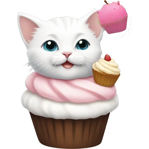 White kitten wearing a cupcake on its head  emoji