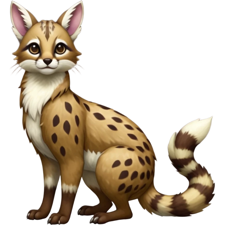 Colorful dark realistic chocolate-brown tropical beige fur glorious divine exotic cute cool beautiful shiny beautiful fantasy-Furret-Eevee-caracal-civet-genet-sergal-vernid-Cacomistle-oncilla-animal-Fakémon-hybrid-fursona with white deer-spots pattern markings (full body) emoji