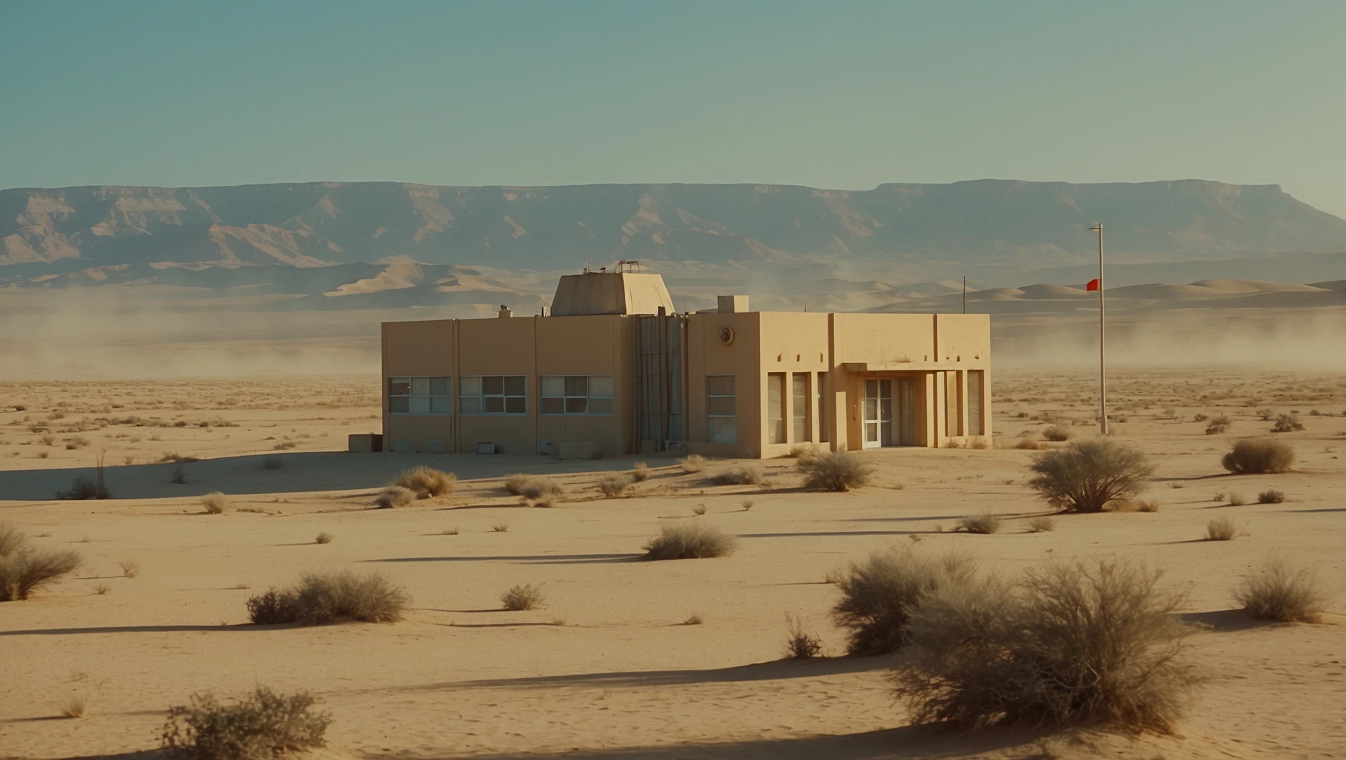 Cinematic still from 1990s Retro Space movie, film called Retro Futurism, Establishing scane showing desert with single bulding, big landscape in background showing loneliness emoji
