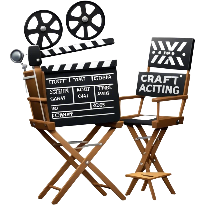Icon for Acting: a theatrical mask, stage lights, a director’s chair, a script, a movie camera and a clapperboard, representing the craft of acting in theater and film. Famous actor-star. The design should reflect creativity, performance, and storytelling. Transparent background. emoji