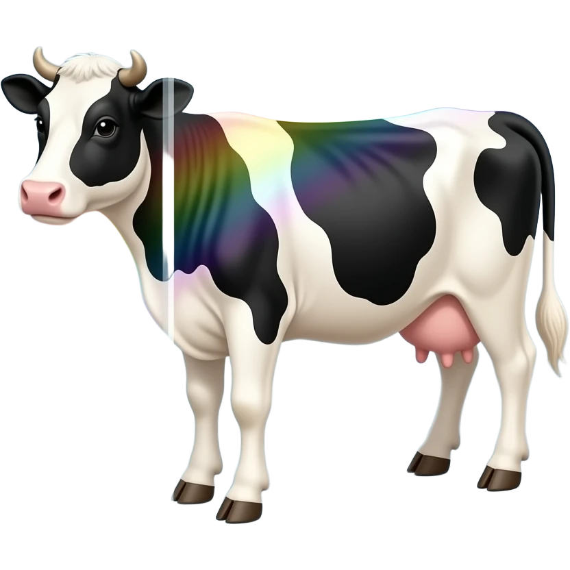 a black and white cow stands inside a glass prism that shines with rainbow colors - refraction of light emoji