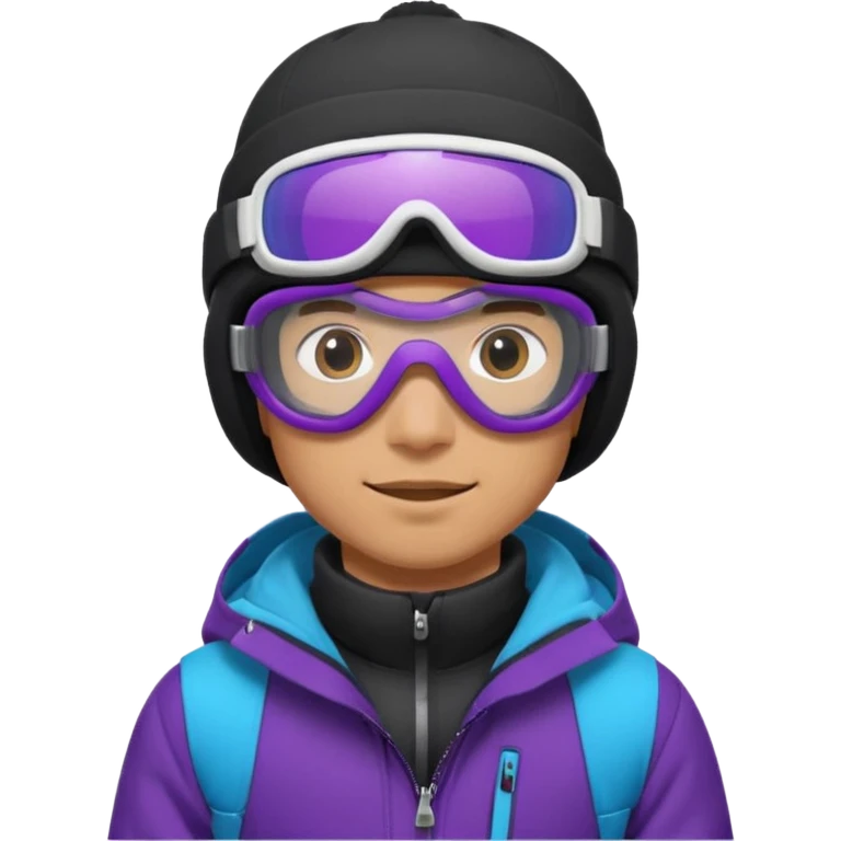 male Pro Snowboarder with white beanie, ONE pair of purple and blue frameless goggles and a black jacket emoji