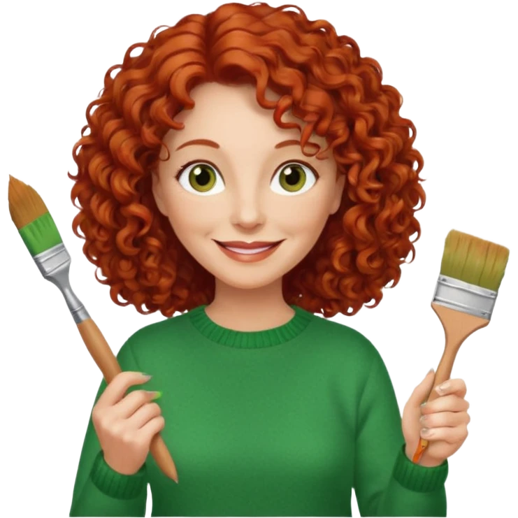 FEMME FRISÉ 60 ANS CHEVEUX ROUX FRISÉ SEMI LONG SOURIANTE AVEC CHANDAIL VERT YEUX BRUN ET UN PINCEAU À LA MAIN LA MAIN AVEC 5 DOIGT SEULEMENT  emoji