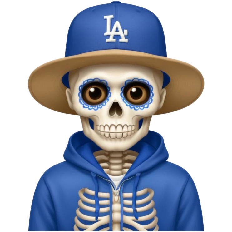 Esqueleto de día de muertos vistiendo una new era de los Dodgers y una hoodie azul  emoji