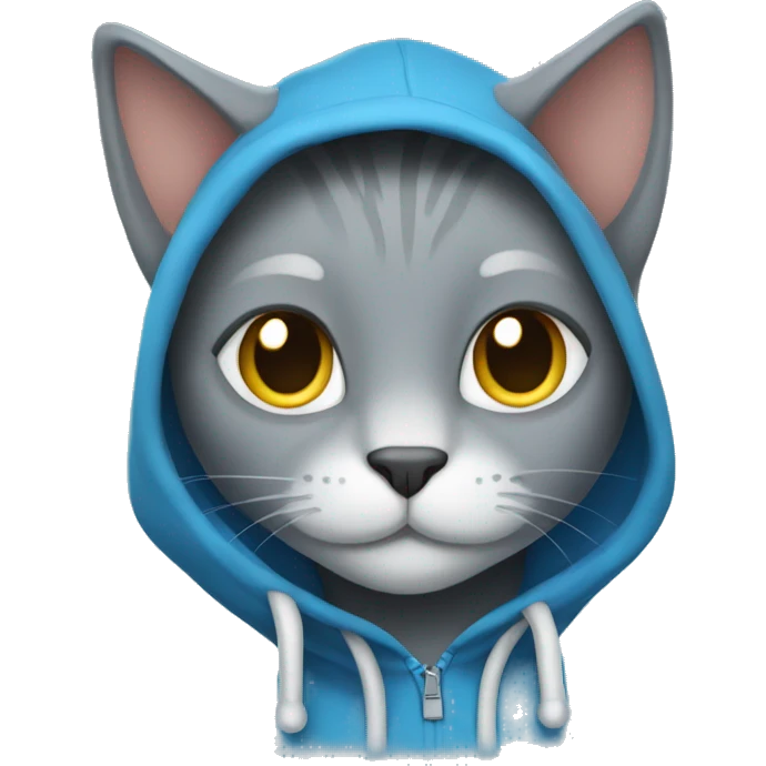 grey cat in blue hoodie smiles emoji