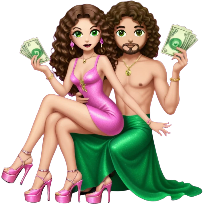 Sensual woman green eyes brown long curly hair evil occult,with 7 inch platform stripper high heels pink with glitter dress, holding a Spanish man, sitting on a short dark hair man’s pimp lap, holding cash emoji