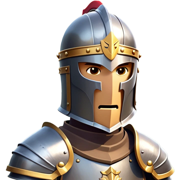 clash-of-clans-aesthetic_-cinematic-fearsome-and-majestic-knight-bust-portrait-emoji, rendered in a flat, vector-style with minimal shading and bold, simplified shapes, depicting a battle-ready medieval knight with steely eyes and intricate armor, mounted on a warhorse reflecting sunlight over a misty battlefield. emoji