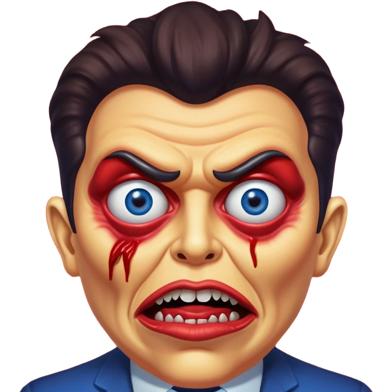 Rick Astley with a GIANT cursed demonic devious evil killer face, but everything is deepfried as hell, the background is (deepfried) blue, the mouth has 5 small BØB eyes in there, his eyes are way curved, his skin is (deepfried) red, and he looks like he has V eyebrows but it’s not actually there emoji