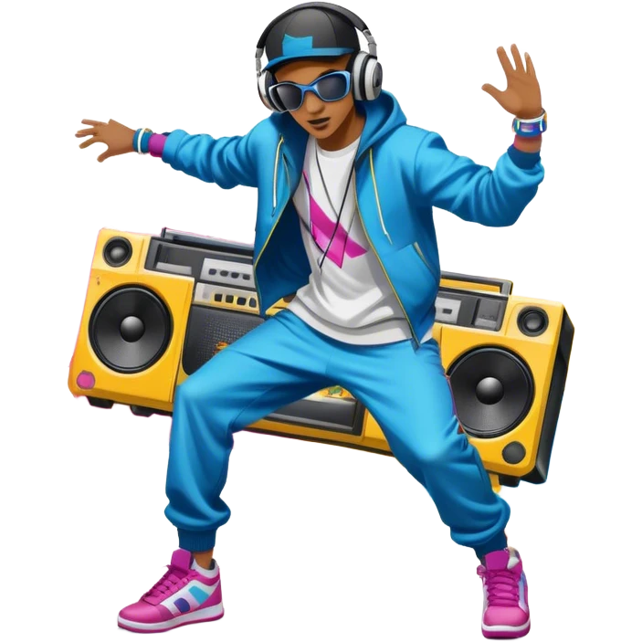 Icon for Street Dance: a dancer in urban streetwear performing a dynamic lower breakdance move, with a spray-painted background, headphones, and a boombox on the asphalt. The icon should capture the energy, style, and creativity of street dance culture. Transparent background. emoji