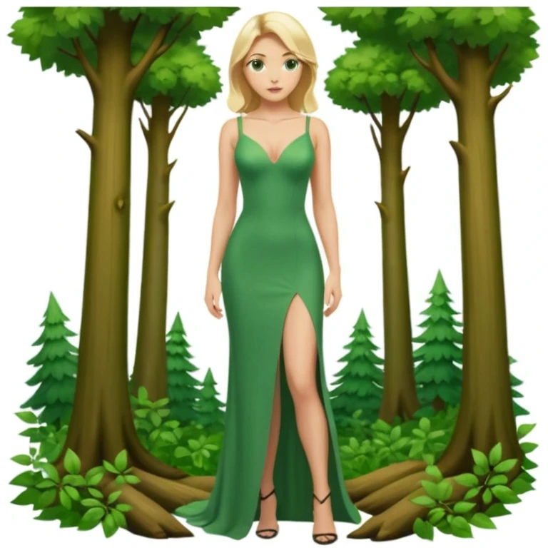 Queen, crown, blonde hair, green eyes, long green tight dress, decoltee,  Leg slit, whole Body, Background forest  emoji
