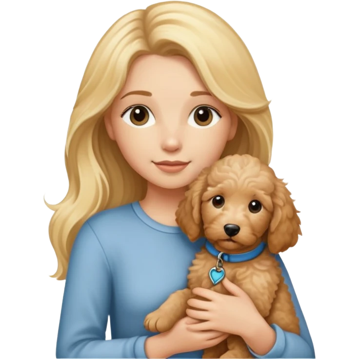 blonde girl with long hair holding tan goldendoodle puppy emoji