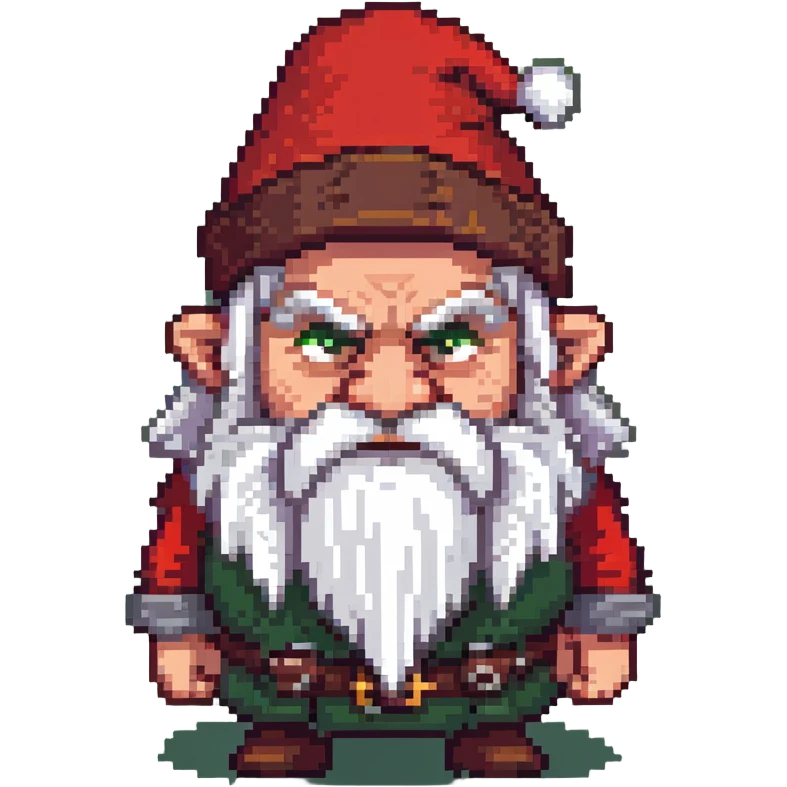 Grumpy-looking dwarf with white beard, red hat, frowning face with bushy eyebrows emoji
