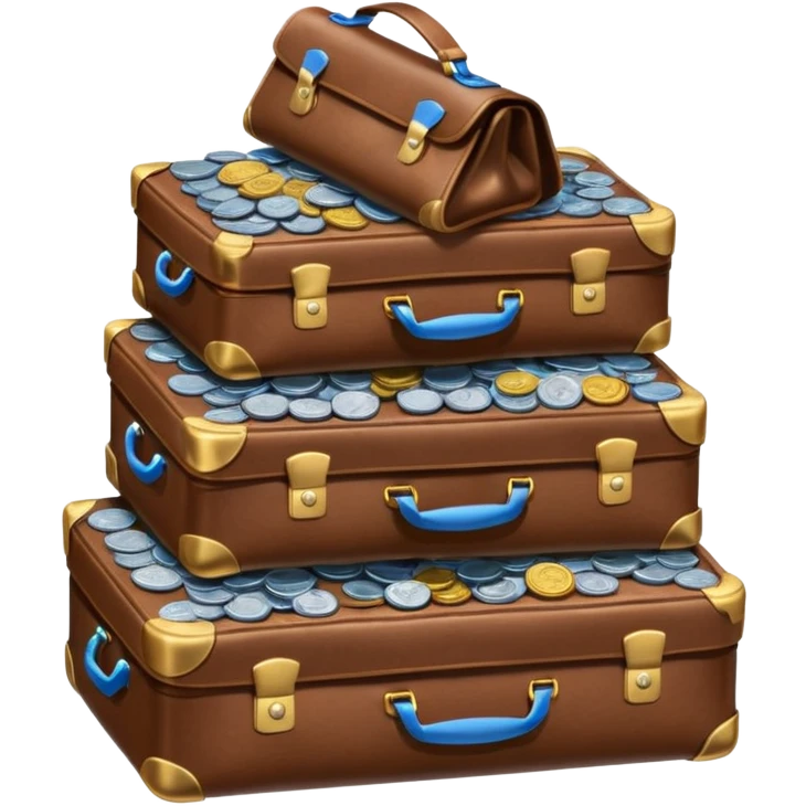 leather bag on top of blue coins stack emoji