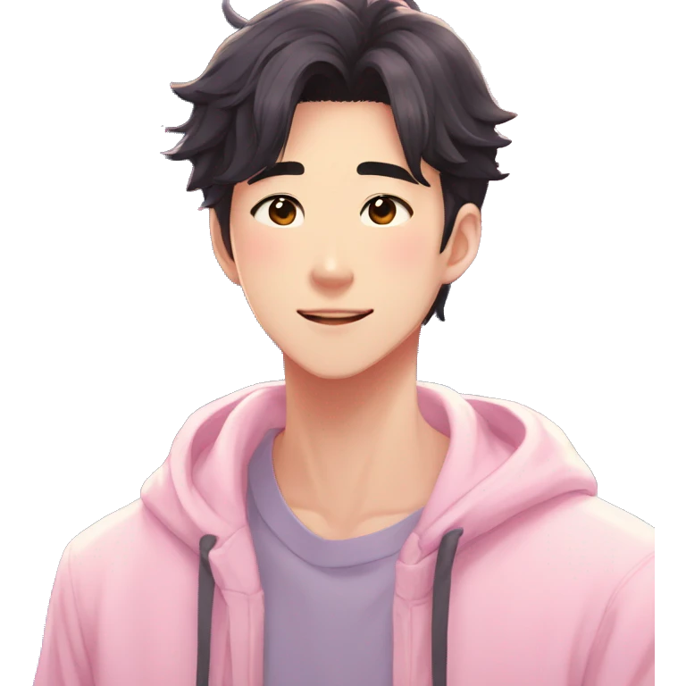 Gorgeous bright sparkly romantic Asian anime pastel guy with blushing face aesthetic trending style outside emoji