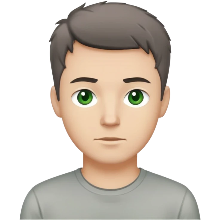 white man with dark messy short hair, dark green eyes, wearing a gray t-shirt emoji