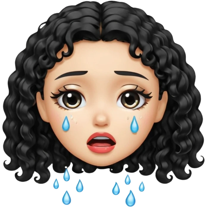a pretty fair bratz girl with black curly hair, crying emoji