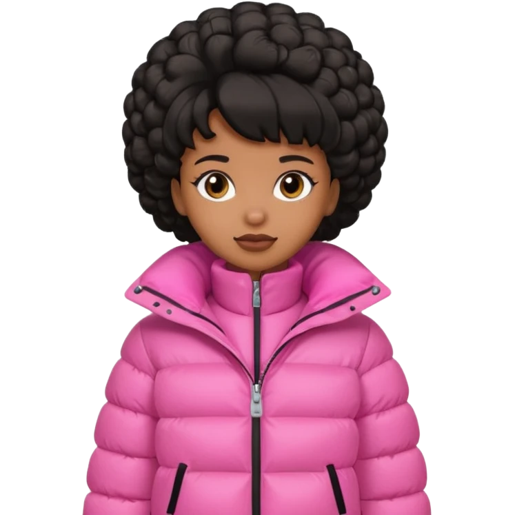 A brown skin  skinned girl that’s has puffy black hair with her hair up in a puffy hairstyle and skinny and wears a pink puffer coat emoji