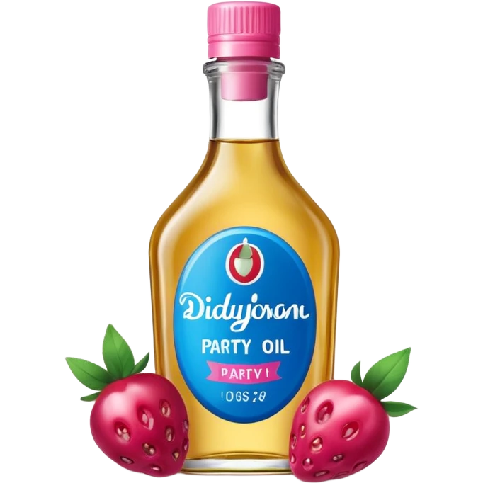 bottle of oil blue top pink outside with logo that says Diddy Party oil Johnson and Johnson  brand with a smiling berry on top emoji