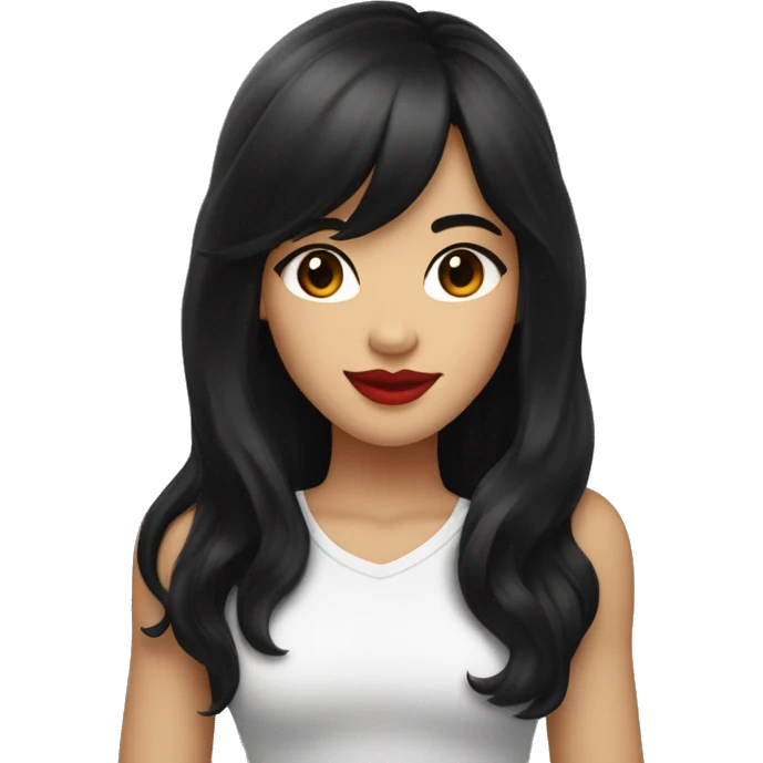 pretty girl with long black hair reaching below the armpits with bangs. red lips, brown eyes, fair skin emoji