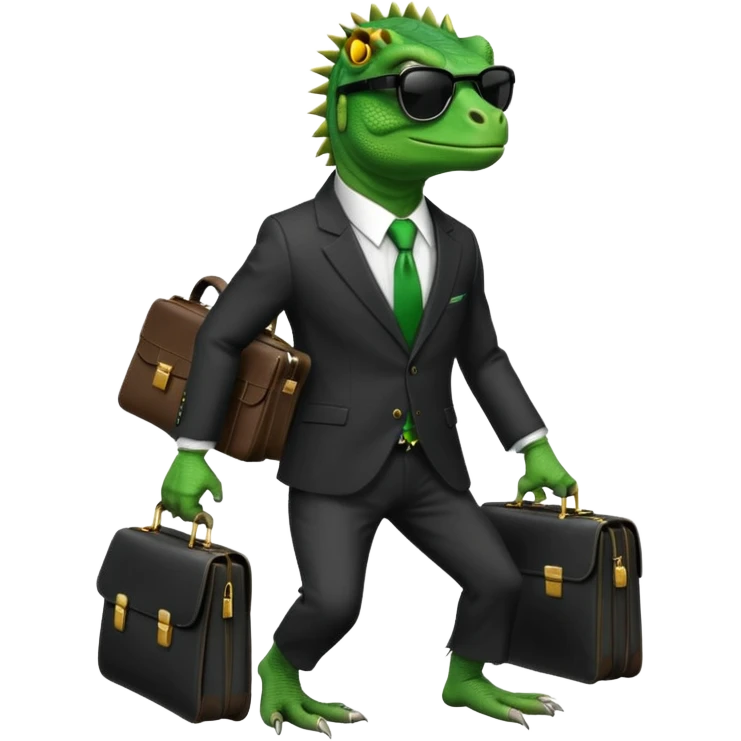capitalist iguana banker godfather with black sunglasses breakdance with bag emoji