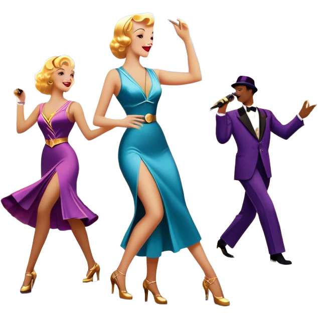 Vintage movie poster-style icon for a musical film. A vibrant street scene with bright lights, dancers mid-step, a singer with a microphone, and a jazz band playing. The cityscape glows in the background, evoking the golden era of musicals. Transparent background. emoji